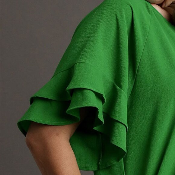 Layered Ruffle Sleeve Top / Blouse - Boxy Cut - Wide Round Neck - Grass Green - Picture 3 of 10